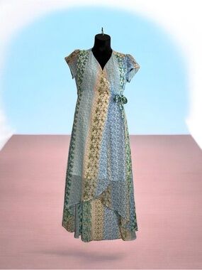 Francesca's Blue Rain Patchwork Wrap Maxi Dress